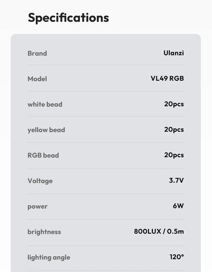 Ulanzi VL49 RGB Video Lights Mini LED Camera Light 2000mAh Rechargable LED Panel Lamp Photo Video Lighting for Youtube Tik tok