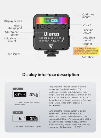 Ulanzi VL49 RGB Video Lights Mini LED Camera Light 2000mAh Rechargable LED Panel Lamp Photo Video Lighting for Youtube Tik tok