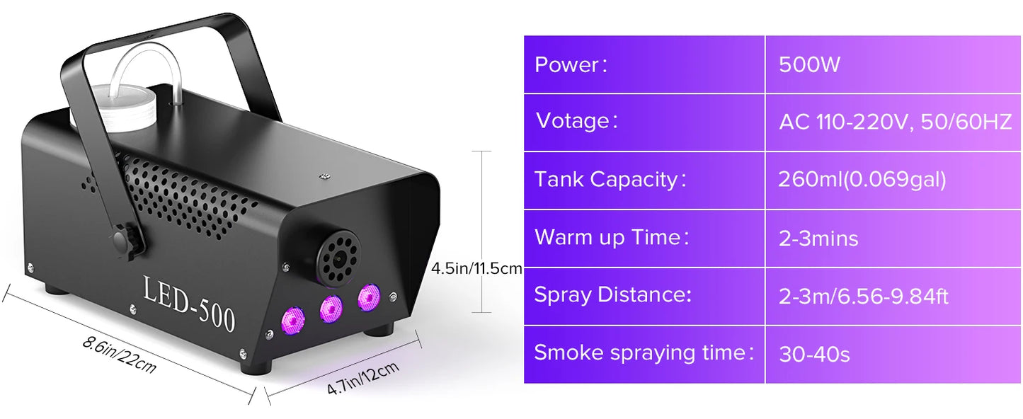 U'King 500W Smoke Machine RGB 3 LED Mixed Color Fog Machine with Remote Control Stage Smoke Ejector for DJ Halloween Christmas