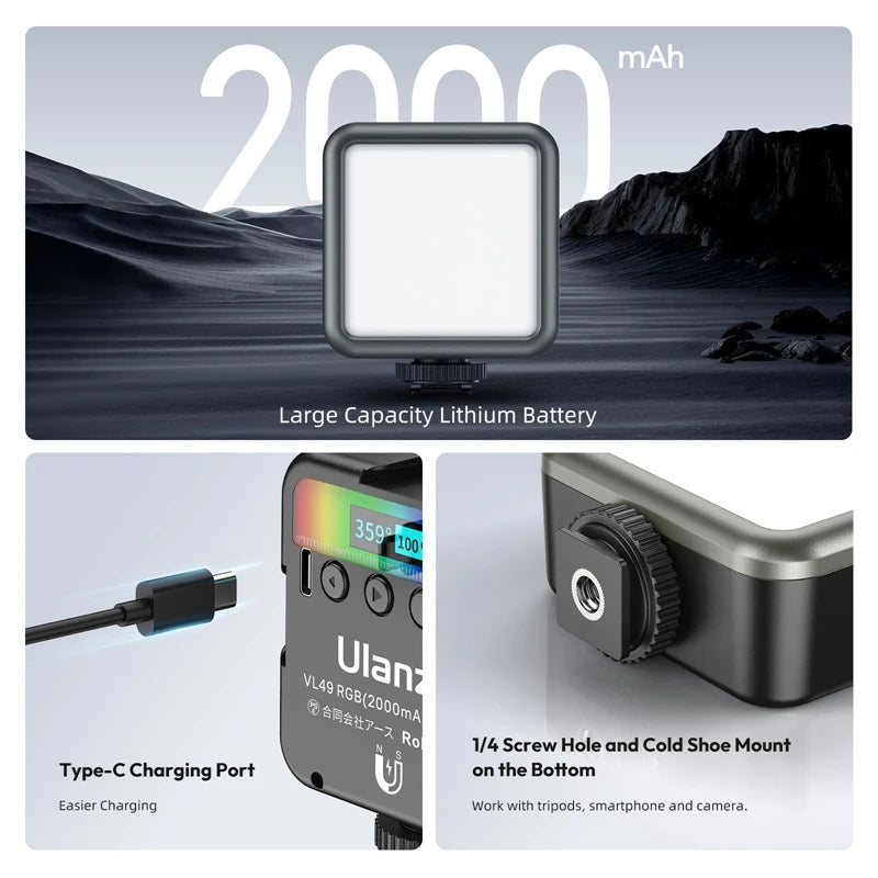 Ulanzi VL49 RGB Video Lights Mini LED Camera Light 2000mAh Rechargable LED Panel Lamp Photo Video Lighting for Youtube Tik tok