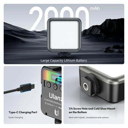 Ulanzi VL49 RGB Video Lights Mini LED Camera Light 2000mAh Rechargable LED Panel Lamp Photo Video Lighting for Youtube Tik tok